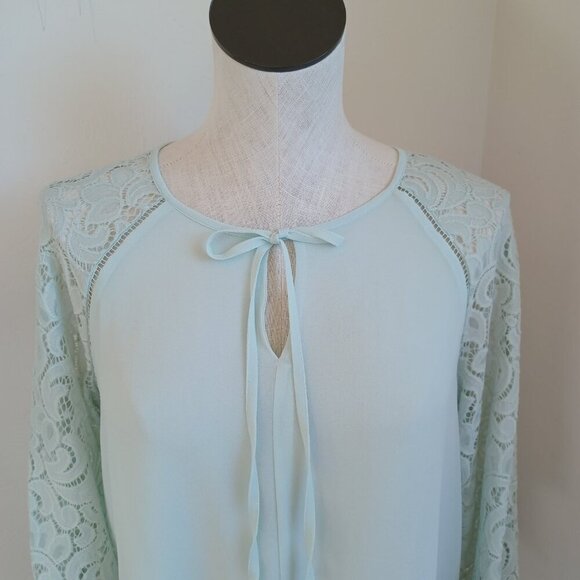 Haute Hippie Tribe Top Woven Chiffon Lace Sleeves Tie Neckline Womens XS - Picture 6 of 16